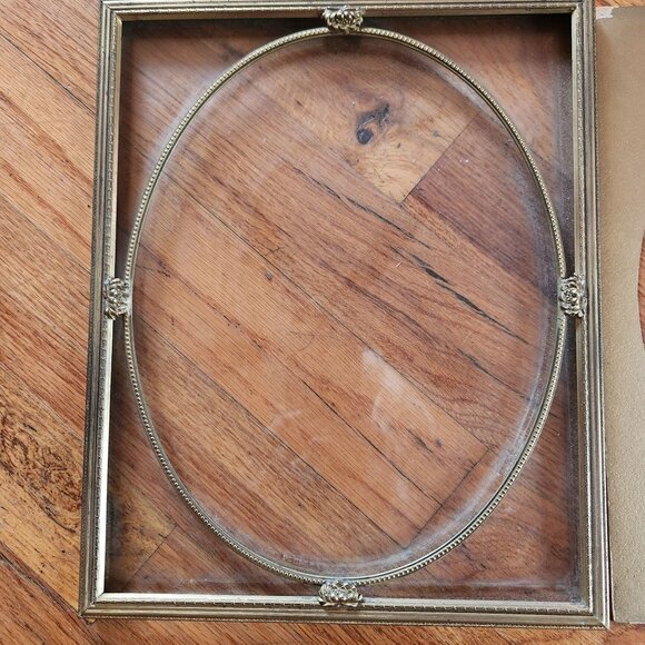 Antique Ornate Brass Oval Glass Picture Frame With Gold Matting & Fabric Backing - Picture 6 of 14
